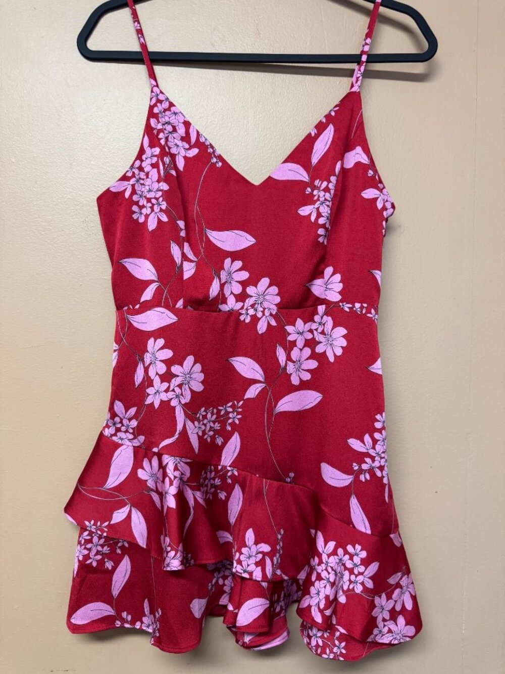 Express Red Pink Floral Asymmetrical Ruffle Peplum Cami Top Size Medium